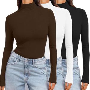 image:imageEkouaer Womens 3 Pack Turtleneck Long Sleeve Shirts Slim Fit Thermal Underwear Tops Lightweight Pullover TeesBlackWhiteBrown
