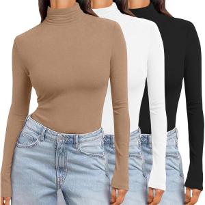image:imageEkouaer Womens 3 Pack Turtleneck Long Sleeve Shirts Slim Fit Thermal Underwear Tops Lightweight Pullover TeesBlackWhiteKhaki