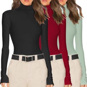 image:imageEkouaer Womens 3 Pack Turtleneck Long Sleeve Shirts Slim Fit Thermal Underwear Tops Lightweight Pullover TeesBlackWineGreen