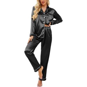 image:imageEkouaer Womens Classic Button Down Long Satin Silk Pajama SetBlack