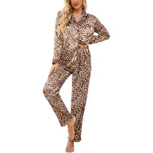 image:imageEkouaer Womens Classic Button Down Long Satin Silk Pajama SetBrown Leopard