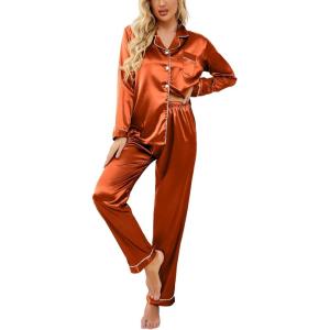 image:imageEkouaer Womens Classic Button Down Long Satin Silk Pajama SetCaramel