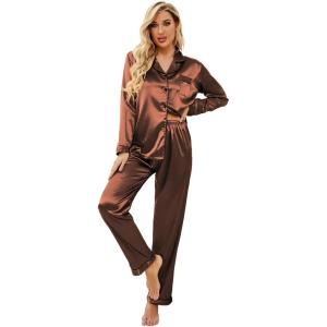 image:imageEkouaer Womens Classic Button Down Long Satin Silk Pajama SetDeep Brown