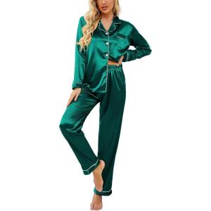 image:imageEkouaer Womens Classic Button Down Long Satin Silk Pajama SetDeep Green