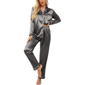 image:imageEkouaer Womens Classic Button Down Long Satin Silk Pajama SetDeep Grey