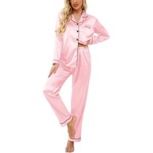 image:imageEkouaer Womens Classic Button Down Long Satin Silk Pajama SetDeep Pink