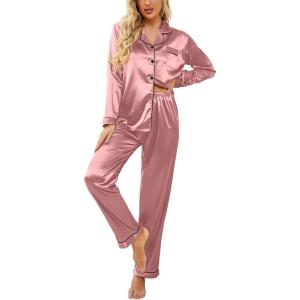image:imageEkouaer Womens Classic Button Down Long Satin Silk Pajama SetLotus Color