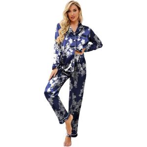 image:imageEkouaer Womens Classic Button Down Long Satin Silk Pajama SetNavy Floral