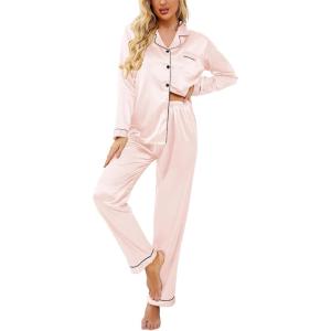 image:imageEkouaer Womens Classic Button Down Long Satin Silk Pajama SetPastel Pink