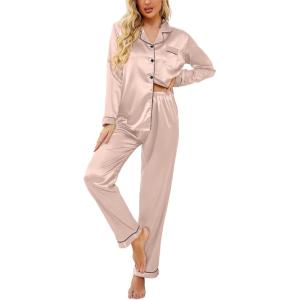 image:imageEkouaer Womens Classic Button Down Long Satin Silk Pajama SetPink