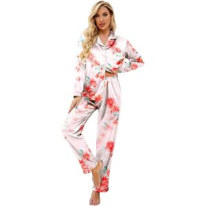 image:imageEkouaer Womens Classic Button Down Long Satin Silk Pajama SetPink Floral