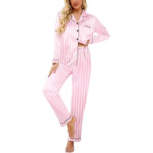 image:imageEkouaer Womens Classic Button Down Long Satin Silk Pajama SetPink Stripes