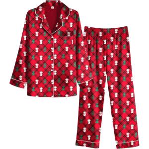 image:imageEkouaer Womens Classic Button Down Long Satin Silk Pajama SetRed Christmas Teddy 02