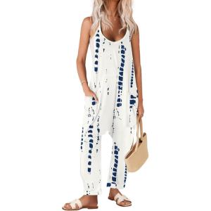 image:imageEkouaer Womens Jumpsuit Sleeveless Casual Summer Overalls Jumpers Spaghetti Strap Baggy Long Pants Rompers with PocketsBegie Blue Tiedye
