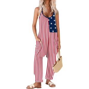 image:imageEkouaer Womens Jumpsuit Sleeveless Casual Summer Overalls Jumpers Spaghetti Strap Baggy Long Pants Rompers with PocketsFestival American Flag