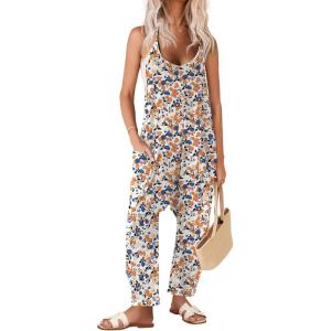 image:imageEkouaer Womens Jumpsuit Sleeveless Casual Summer Overalls Jumpers Spaghetti Strap Baggy Long Pants Rompers with PocketsFloral Blue Orange Begie
