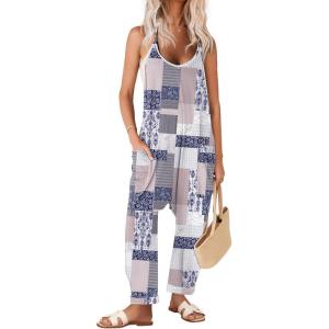image:imageEkouaer Womens Jumpsuit Sleeveless Casual Summer Overalls Jumpers Spaghetti Strap Baggy Long Pants Rompers with PocketsGrey Geometric Ethnic
