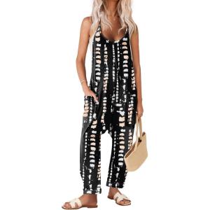 image:imageEkouaer Womens Jumpsuit Sleeveless Casual Summer Overalls Jumpers Spaghetti Strap Baggy Long Pants Rompers with PocketsTiedye Black White
