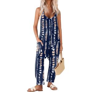 image:imageEkouaer Womens Jumpsuit Sleeveless Casual Summer Overalls Jumpers Spaghetti Strap Baggy Long Pants Rompers with PocketsTiedye Navy Blue White