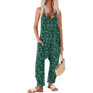 image:imageEkouaer Womens Jumpsuit Sleeveless Casual Summer Overalls Jumpers Spaghetti Strap Baggy Long Pants Rompers with PocketsWhite Floral Green