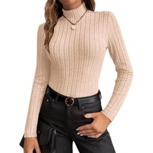 image:imageEkouaer Womens Long Sleeve Mock Turtleneck Tops Ribbed Shirts Fleece Soft Thermal Undershirts TeeBeige