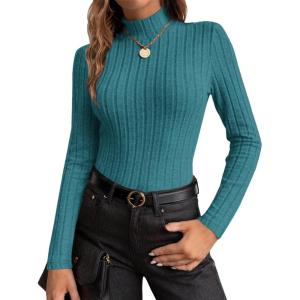 image:imageEkouaer Womens Long Sleeve Mock Turtleneck Tops Ribbed Shirts Fleece Soft Thermal Undershirts TeeBlue Green