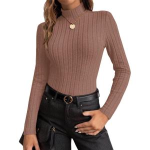 image:imageEkouaer Womens Long Sleeve Mock Turtleneck Tops Ribbed Shirts Fleece Soft Thermal Undershirts TeeBrown
