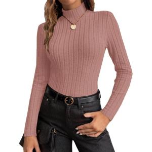 image:imageEkouaer Womens Long Sleeve Mock Turtleneck Tops Ribbed Shirts Fleece Soft Thermal Undershirts TeeDirty Pink