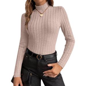 image:imageEkouaer Womens Long Sleeve Mock Turtleneck Tops Ribbed Shirts Fleece Soft Thermal Undershirts TeeKhaki1