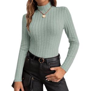 image:imageEkouaer Womens Long Sleeve Mock Turtleneck Tops Ribbed Shirts Fleece Soft Thermal Undershirts TeeLight Green1