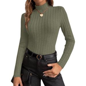 image:imageEkouaer Womens Long Sleeve Mock Turtleneck Tops Ribbed Shirts Fleece Soft Thermal Undershirts TeeOlive