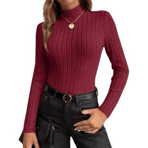image:imageEkouaer Womens Long Sleeve Mock Turtleneck Tops Ribbed Shirts Fleece Soft Thermal Undershirts TeeWine Red