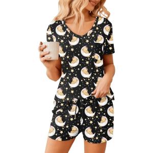 image:imageEkouaer Womens Pajama Sets Short Sleeve Pajamas for Women Sets Soft Lounge Sets Casual V Neck Sleepwear PJSBlack Teddy