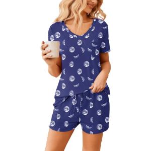 image:imageEkouaer Womens Pajama Sets Short Sleeve Pajamas for Women Sets Soft Lounge Sets Casual V Neck Sleepwear PJSBlue Moon