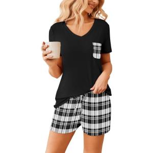 image:imageEkouaer Womens Pajama Sets Short Sleeve Pajamas for Women Sets Soft Lounge Sets Casual V Neck Sleepwear PJSGrey Plaid