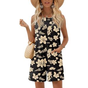 image:imageEkouaer Womens Romper Summer Sleeveless Jumpsuit Casual Short Overalls with Pocket 2025Black Yellow Floral