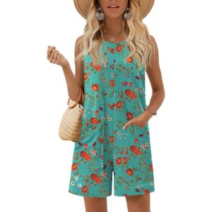 image:imageEkouaer Womens Romper Summer Sleeveless Jumpsuit Casual Short Overalls with Pocket 2025Blue Red Floral