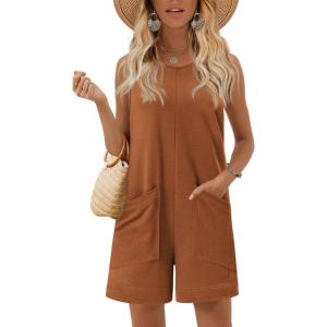 image:imageEkouaer Womens Romper Summer Sleeveless Jumpsuit Casual Short Overalls with Pocket 2025Light Brown