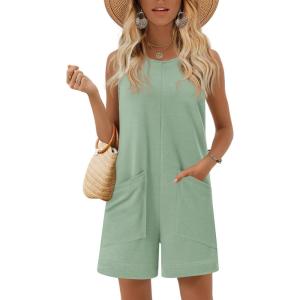 image:imageEkouaer Womens Romper Summer Sleeveless Jumpsuit Casual Short Overalls with Pocket 2025Light Green