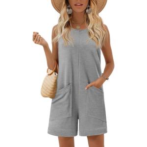 image:imageEkouaer Womens Romper Summer Sleeveless Jumpsuit Casual Short Overalls with Pocket 2025Light Grey
