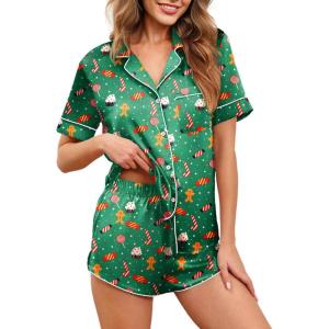 image:imageEkouaer Womens Silk Satin Pajamas Set Short Sleeve Sleepwear Button Down Loungewear 2 Piece Pjs Shorts Set S5X Plus SizeGreen Christmas Print