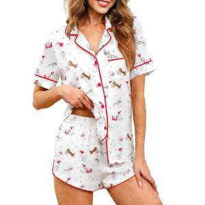 image:imageEkouaer Womens Silk Satin Pajamas Set Short Sleeve Sleepwear Button Down Loungewear 2 Piece Pjs Shorts Set S5X Plus SizePuppy Love Valentines Print
