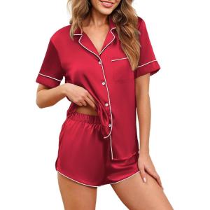 image:imageEkouaer Womens Silk Satin Pajamas Set Short Sleeve Sleepwear Button Down Loungewear 2 Piece Pjs Shorts Set S5X Plus SizeRed