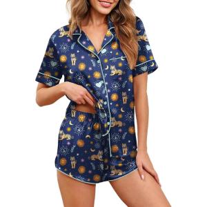 image:imageEkouaer Womens Silk Satin Pajamas Set Short Sleeve Sleepwear Button Down Loungewear 2 Piece Pjs Shorts Set S5X Plus SizeTigerMoonStar Navy Print