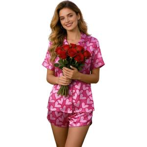 image:imageEkouaer Womens Silk Satin Pajamas Set Short Sleeve Sleepwear Button Down Loungewear 2 Piece Pjs Shorts Set S5X Plus SizeValentines Pink Love