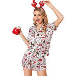 image:imageEkouaer Womens Silk Satin Pajamas Set Short Sleeve Sleepwear Button Down Loungewear 2 Piece Pjs Shorts Set S5X Plus SizeWhite Christmas Print