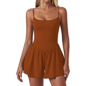 image:imageEkouaer Womens Summer Sleeveless Workout Rompers Athletic Jumpsuit Double Lined Shorts One Piece Gym Yoga Clothes XSXLBrown