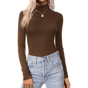 image:imageEkouaer Womens Turtleneck Long Sleeve Shirts Thermal Underwear Tops Basic Slim Fit Fall Fashion Lightweight TopBrown