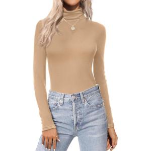 image:imageEkouaer Womens Turtleneck Long Sleeve Shirts Thermal Underwear Tops Basic Slim Fit Fall Fashion Lightweight TopKhaki