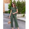 image:imageEkouaer Lounge Sets for Women Two Piece Outfits Knit Cap Sleeve Tops Wide Leg Pleated Pants Casual Dressy Sweater SetsDark Green